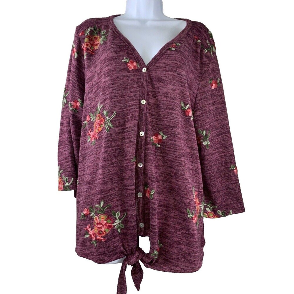 Fig & Flower Women's Size 3X Blouse Embroidered Burnout Velvet Buttons Tie Front